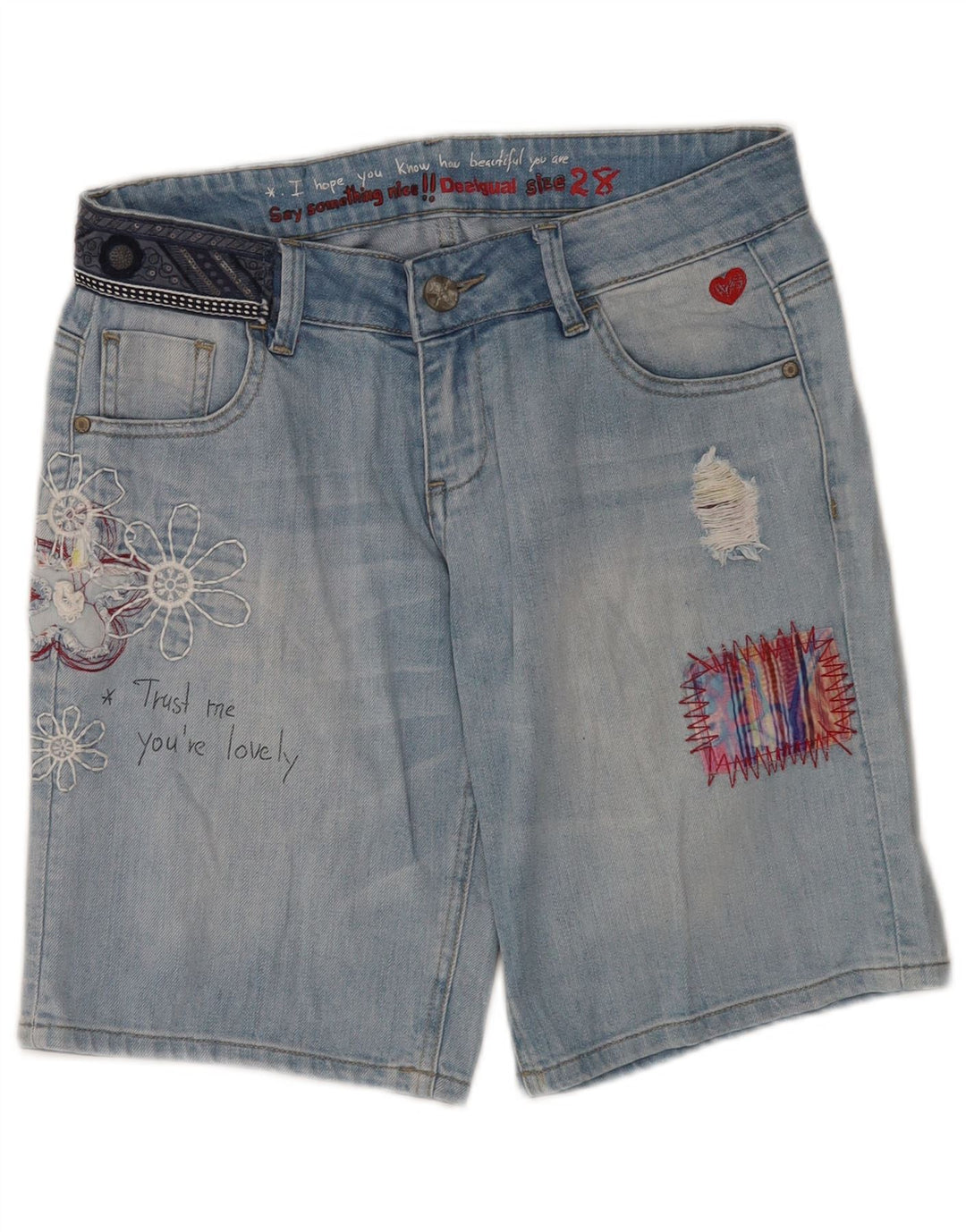 Desigual Kvinders Grafiske Distressed Denim Shorts W28 Medium Blue Floral