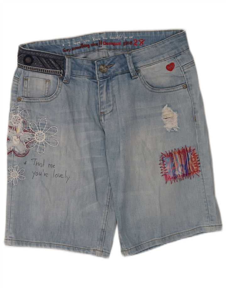 Desigual Kvinders Grafiske Distressed Denim Shorts W28 Medium Blue Floral