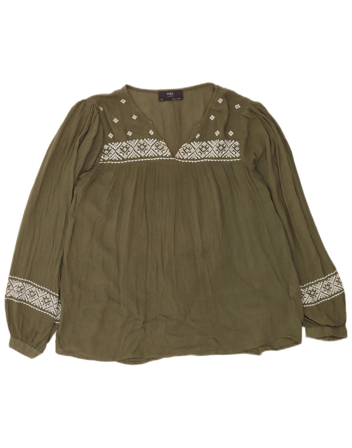 Marks & Spencer Dame Langærmet Bluse Top UK 12 Medium Khaki Geometric