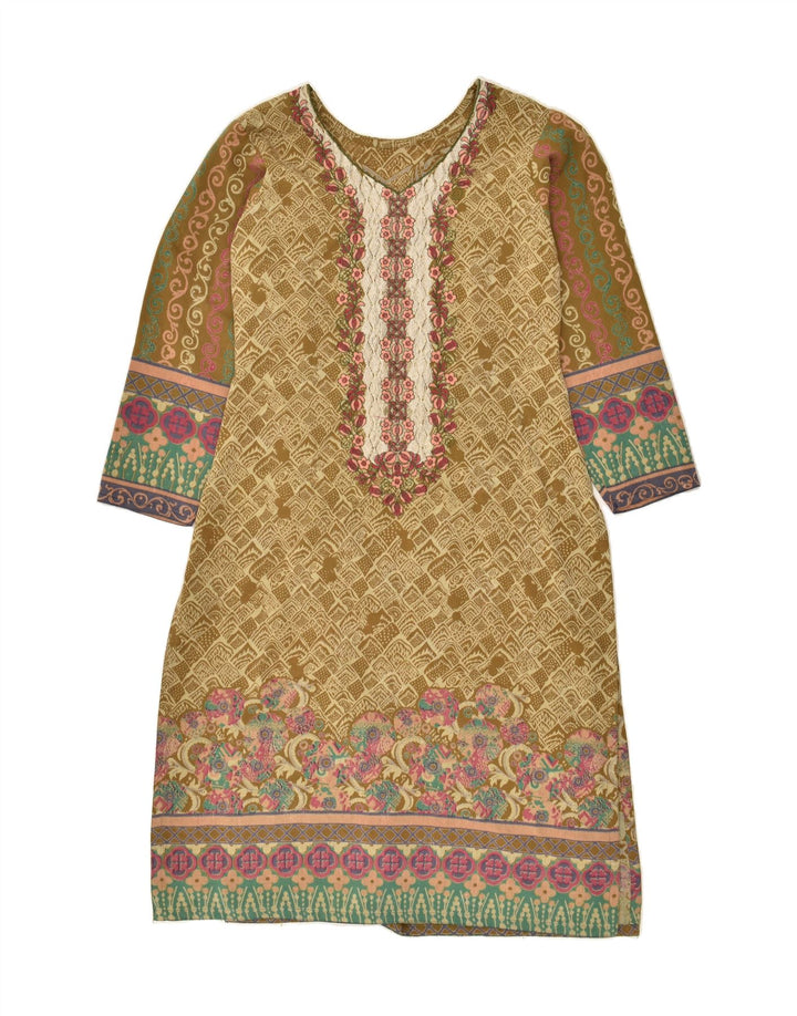 VINTAGE Womens Abstract Pattern Basic Dress UK 10 Small Green Floral Vintage Vintage and Second-Hand Vintage from Messina Hembry 