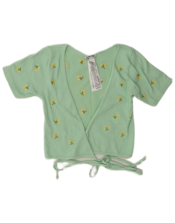 Zara Womens Wrap Cardigan Top UK 12 Medium Green Floral Polyamid