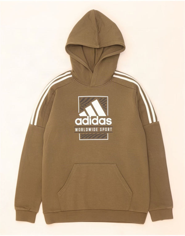 Adidas Boys Graphic Hoodie Jumper 15-16 Years Khaki Cotton