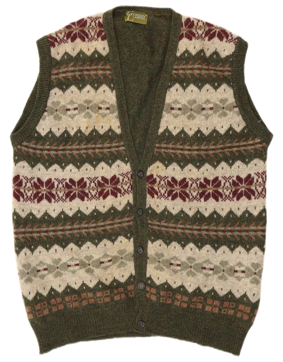 GREEN LEAVES Herre ærmeløs cardigan sweater XL Green Fair Isle Wool