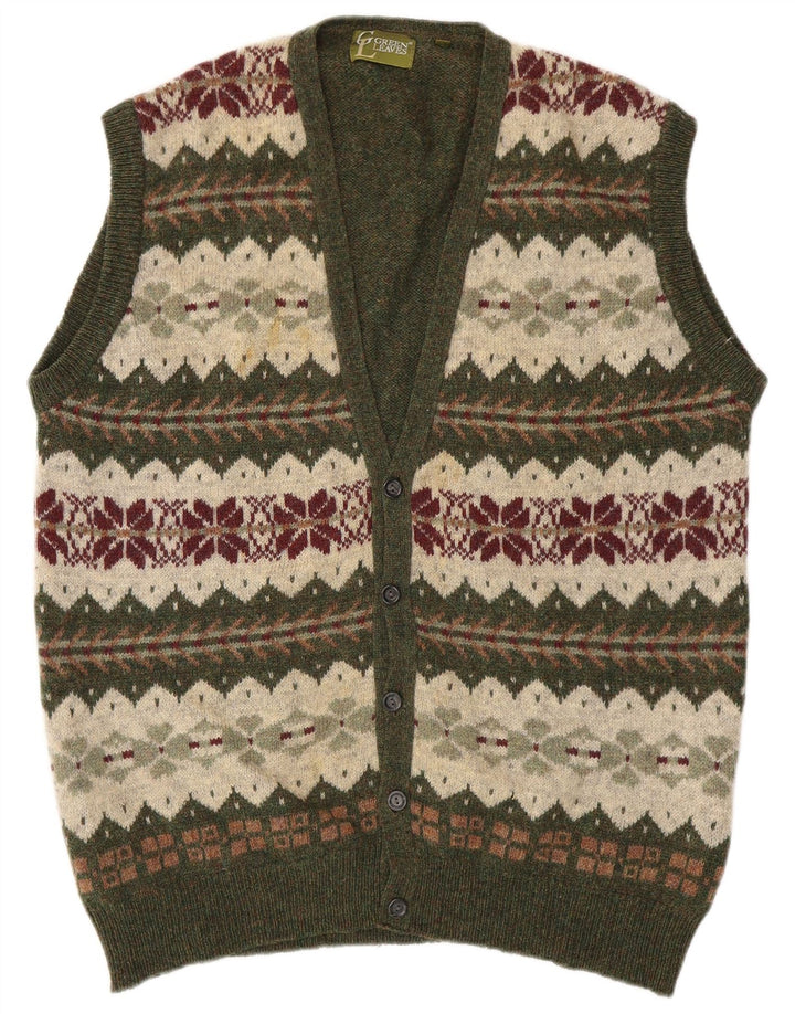 GREEN LEAVES Herre ærmeløs cardigan sweater XL Green Fair Isle Wool