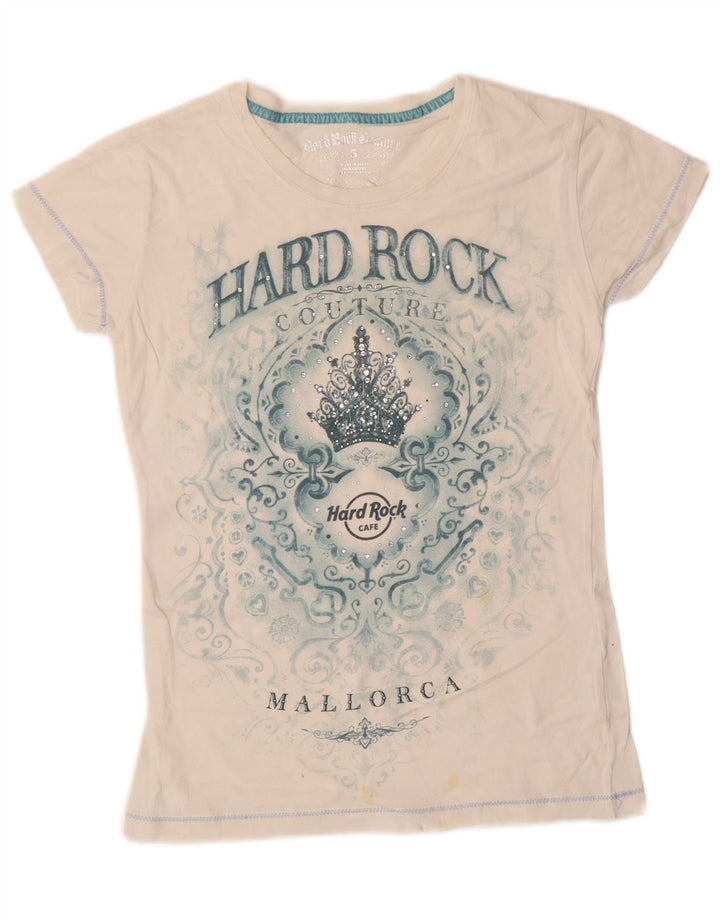 Hard Rock Cafe Dame Mallorca Grafisk T-Shirt Top UK 10 Small Off White