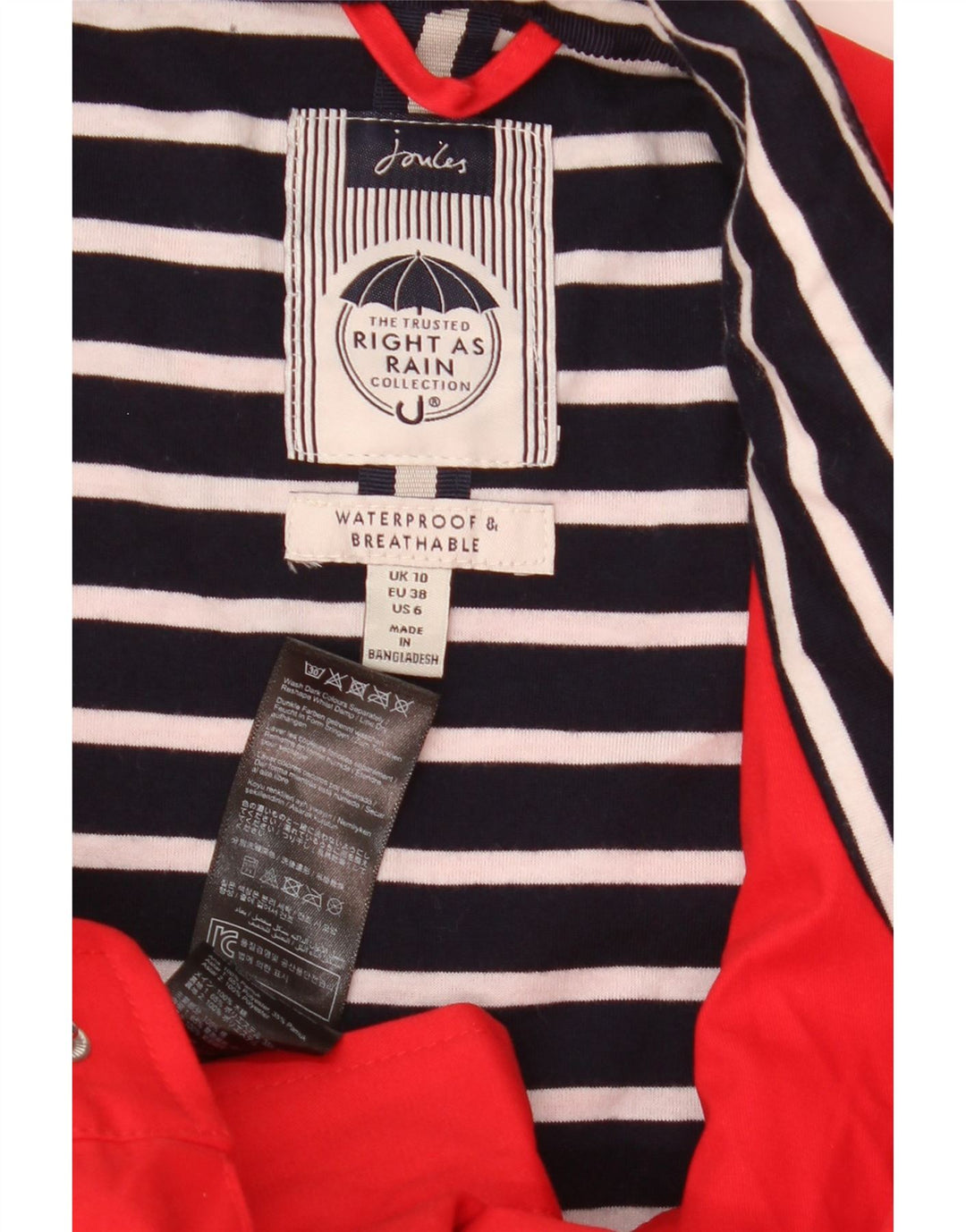 Joules Dame Oversized Regnjakke UK 10 Lille Rød Bomuld