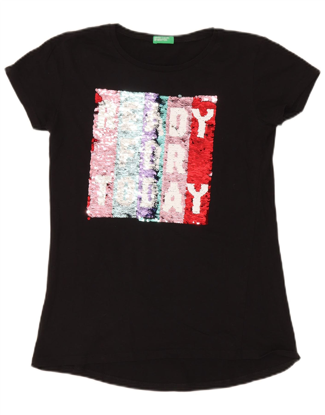Benetton Dame Grafisk T-Shirt Top UK 10 Lille Sort