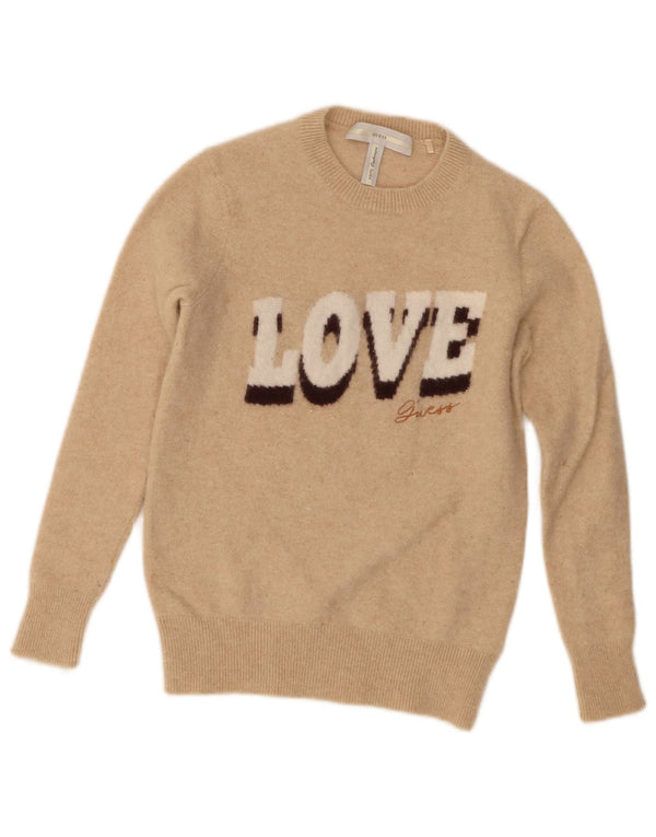 Guess Womens Graphic Crew Neck Jumper Sweater UK 4 XS Beige Cashmere