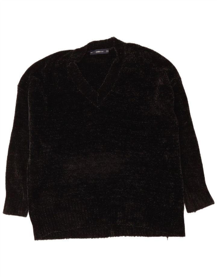 Zara Dame Velour Oversized V-hals Jumper Sweater UK 10 Small Black