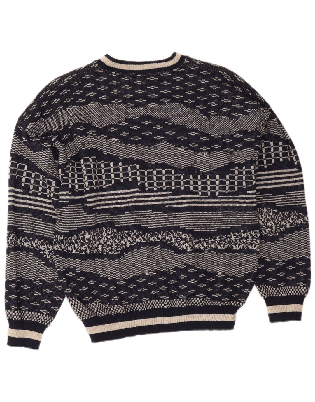 Vintage sweater med rund hals til mænd Medium marineblå geometrisk uld