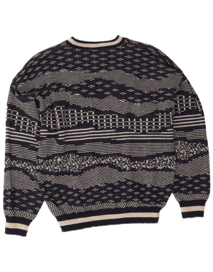Vintage sweater med rund hals til mænd Medium marineblå geometrisk uld