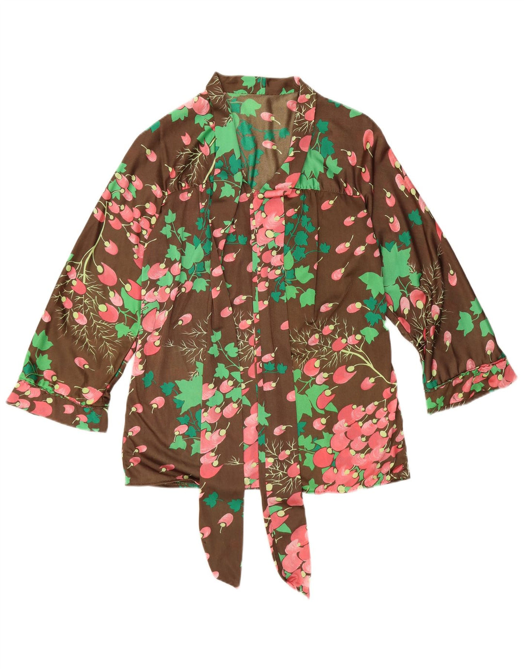 Vintage Dame Langærmet Front Tie Bluse Top UK 14 Medium Brown Floral