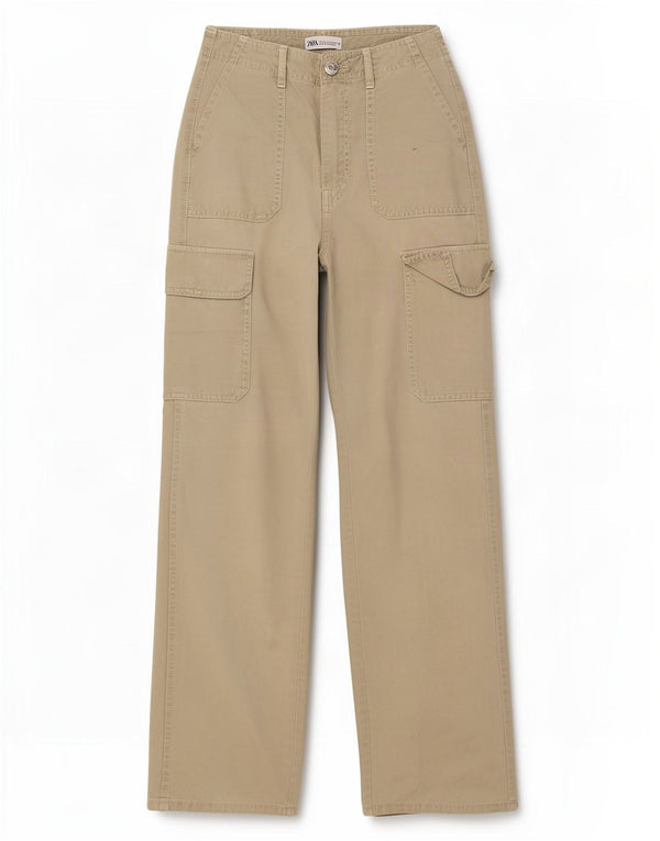Zara Womens High Waist Loose Fit Cargo Trousers EU 32 2XS W22 L31 Green