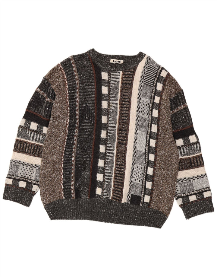 VINTAGE Herre trøjetrøje med rund hals UK 44 XL flerfarvet stribet