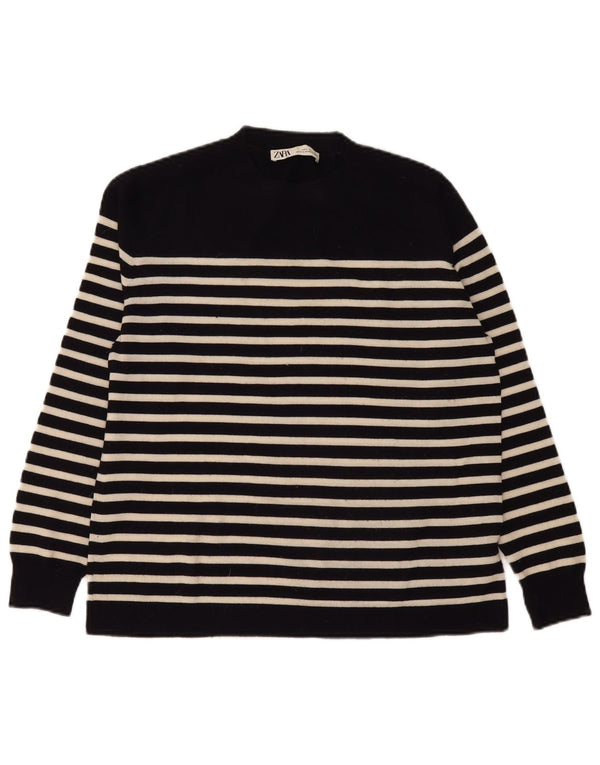 Zara Womens Crew Neck Jumper Sweater UK 16 Large Navy Blue Striped Wool