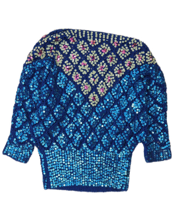 Vintage Dame Boat Neck Jumper Sweater UK 12 Medium Blue Argyle/Diamond