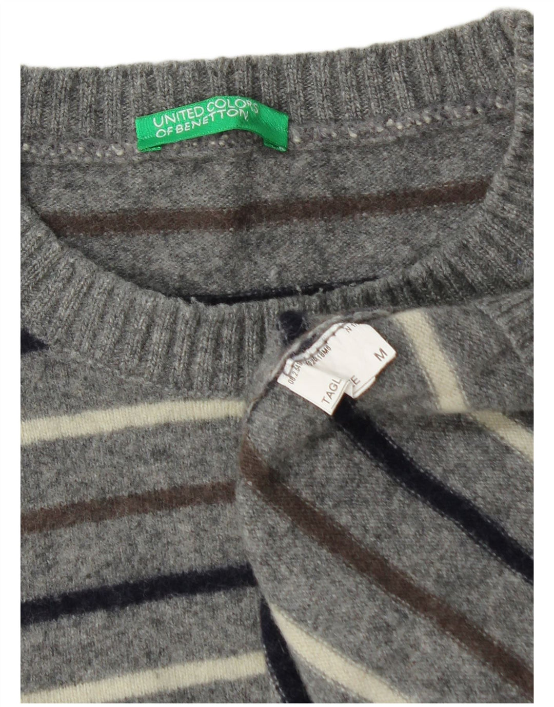Benetton Herre Crew Neck Jumper Sweater Medium Grå Stribet