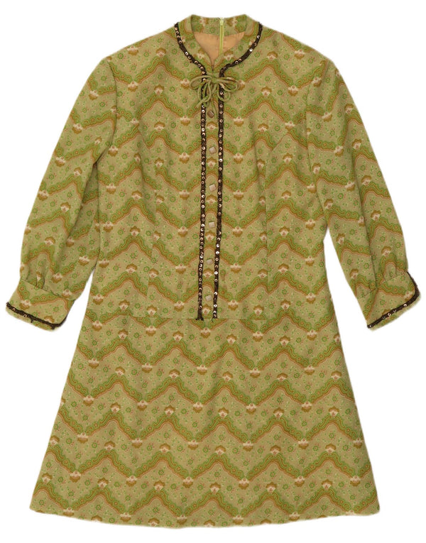 Vintage kvinders 3/4 ærmer A-line kjole UK 12 Medium Green Chevron