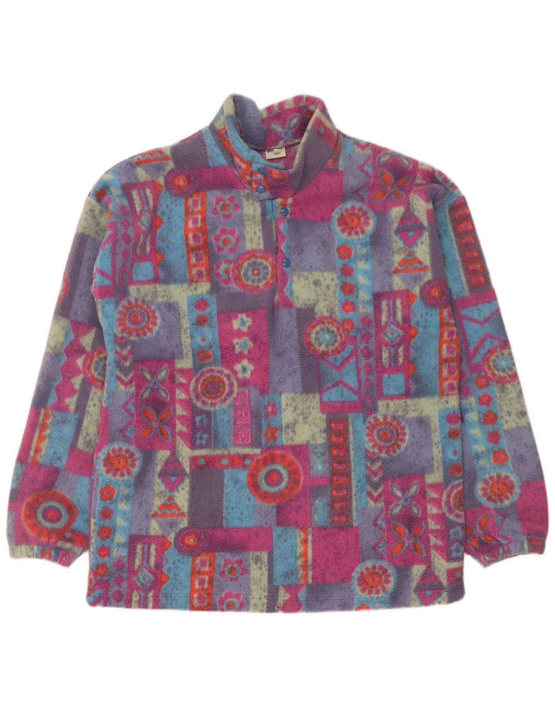 Vintage Herre Button Neck Fleece Jumper XL Flerfarvet Geometrisk Polyester