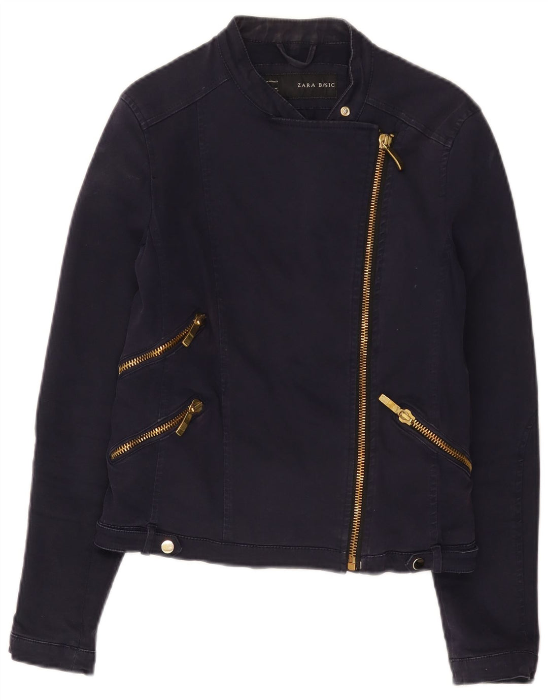 Zara Womens Crop Biker Jacket UK 14 Large Navy Blue Cotton