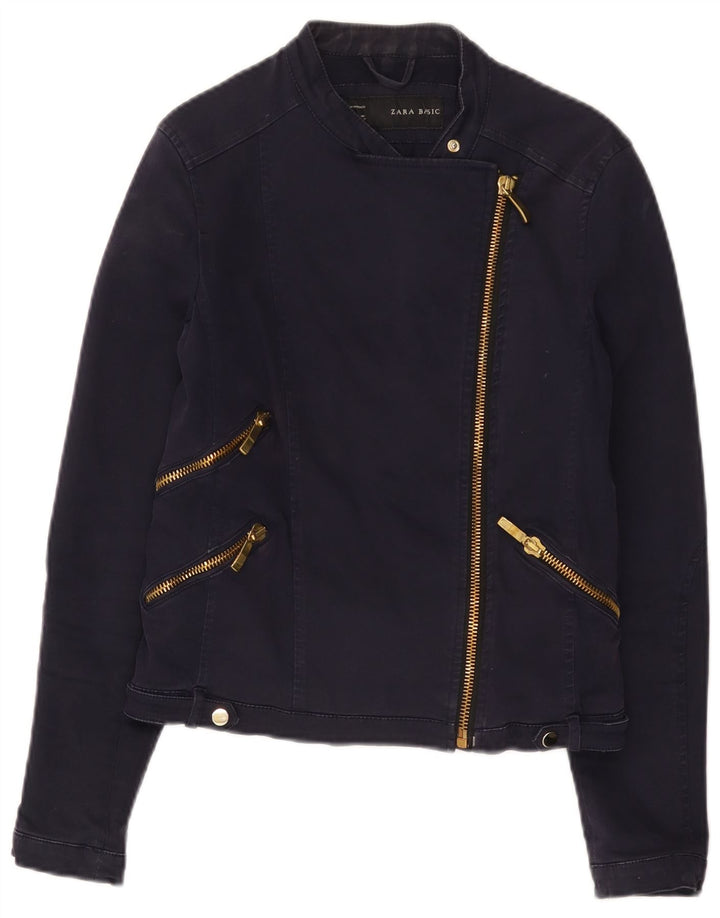 Zara Womens Crop Biker Jacket UK 14 Large Navy Blue Cotton