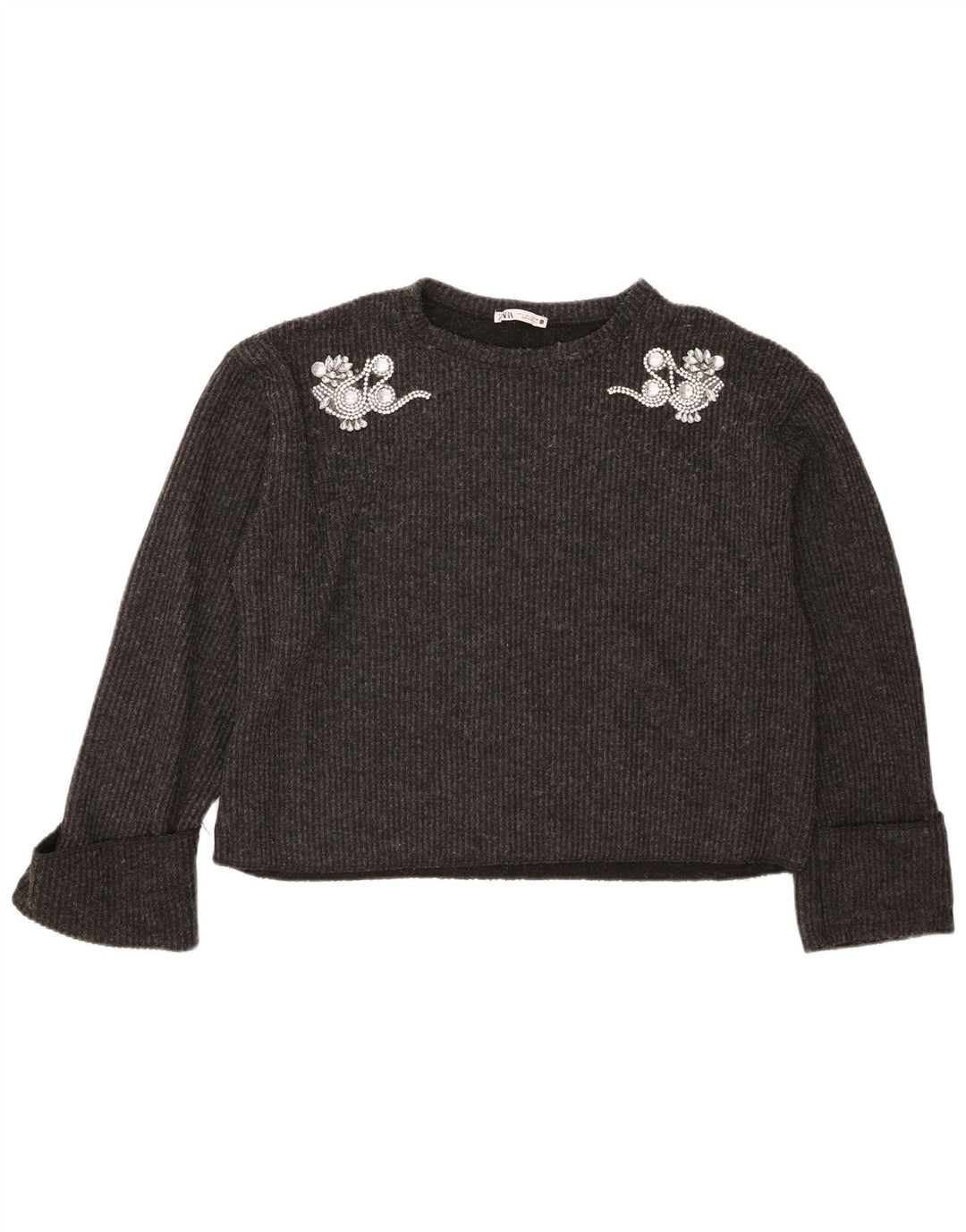 Zara Womens Crop Oversized Crew Neck Jumper Sweater UK 16 Large Grey