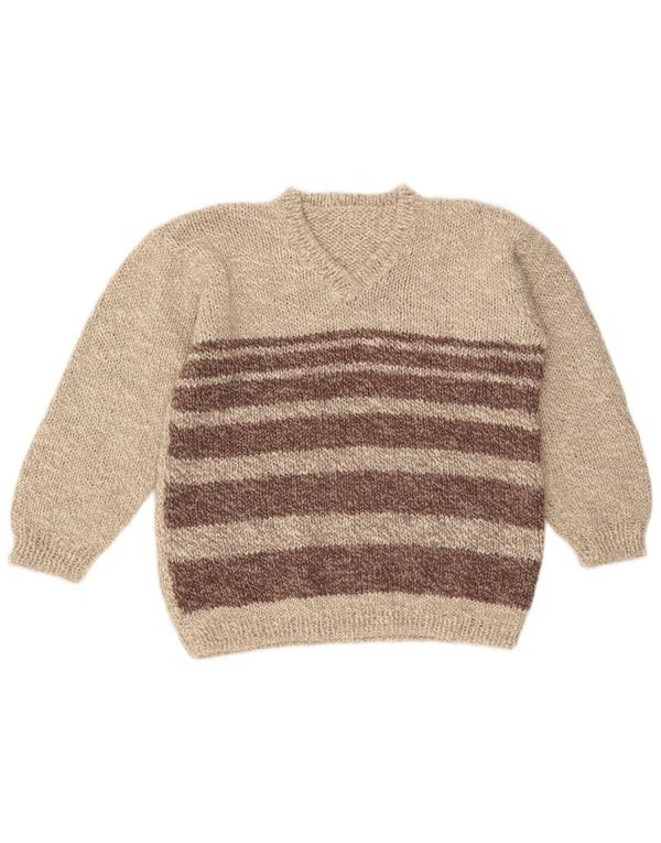 VINTAGE Dame V-hals sweater UK 16 Stor Beige Colourblock