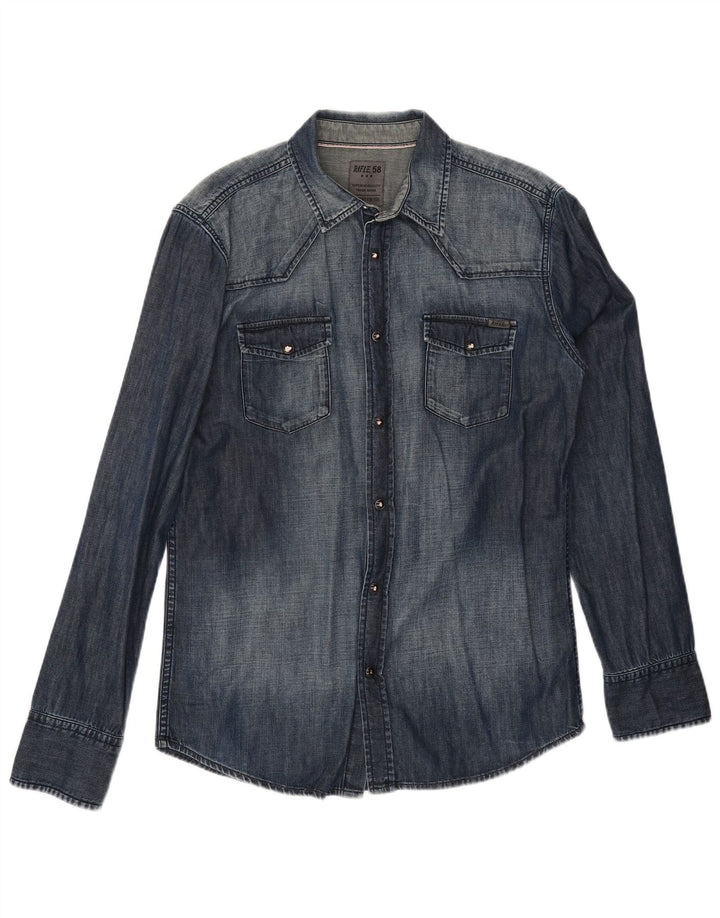 Riffel Herre Denim Skjorte Stor Marineblå Bomuld
