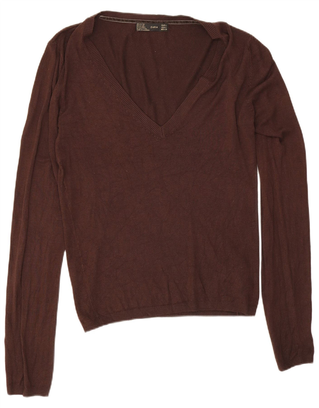 Zara Dame V-hals sweater UK 14 Stor Brun Rayon