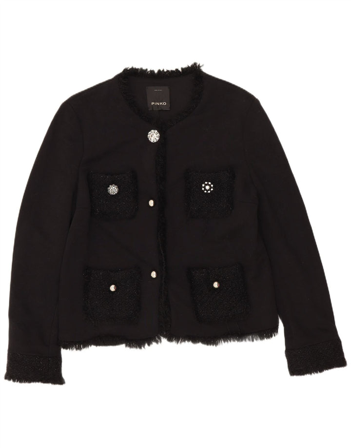 Pinko Dame 3 Button Blazer Jacket UK 12 Medium Sort Bomuld