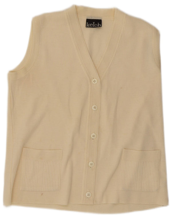 Vintage ærmeløs cardigan sweater til kvinder UK 14 Medium Beige Polyacrylic