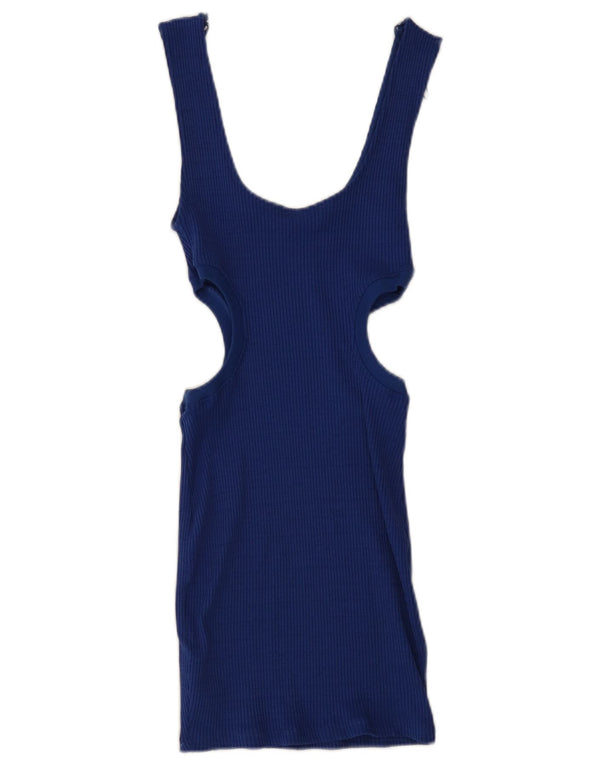 Zara Dame Ærmeløs Bodycon Kjole UK 12 Medium Blue Cotton