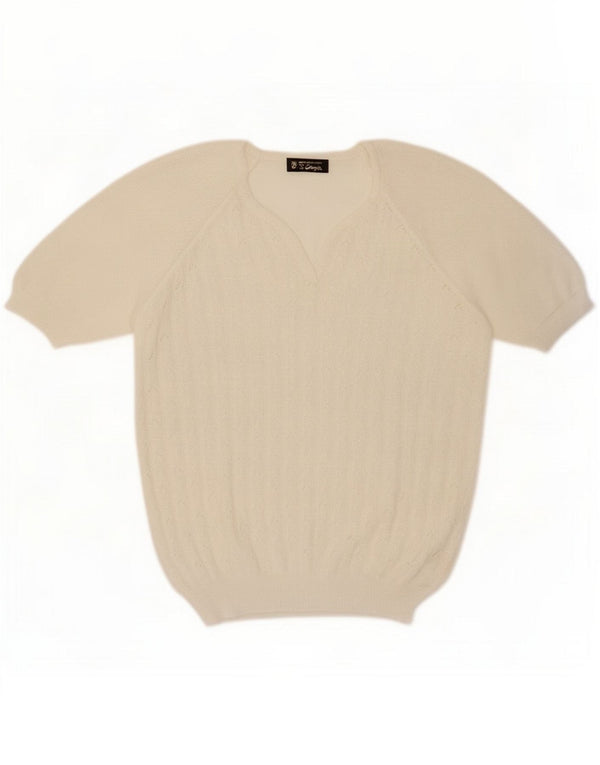 Vintage Womens Short Sleeve V-Neck Jumper Sweater UK 16 Large White Cotton