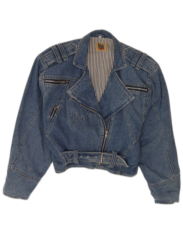 Vintage Dame Crop Denim Biker Jacket UK 12 Medium Blue Cotton