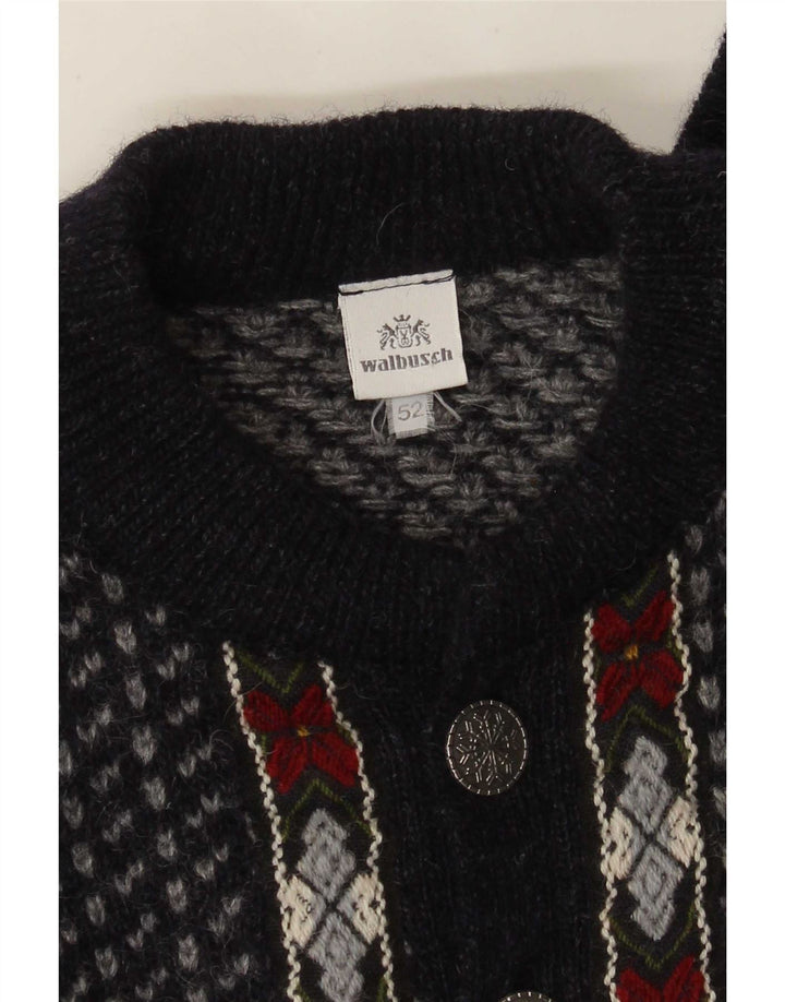 Walbusch Herre Button Neck Jumper Sweater EU 52 Large Navy Blue Geometric