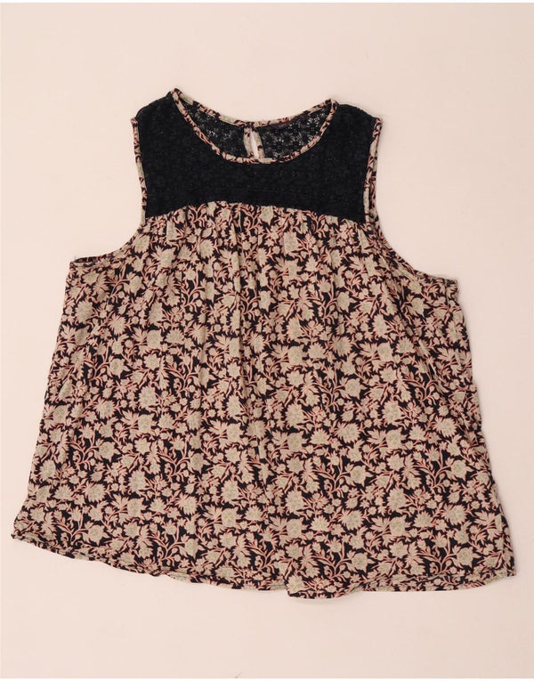 Marks & Spencer Dame ærmeløs bluse Top UK 22 2XL Beige Blomster Bomuld