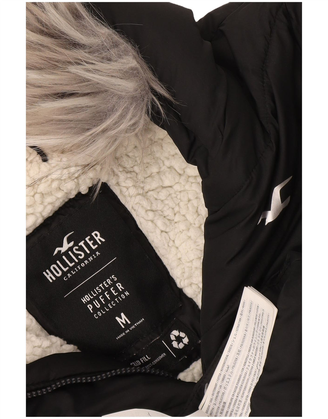 Hollister Sherpa polstret frakke med hætte til kvinder UK 14 Medium Sort Polyester