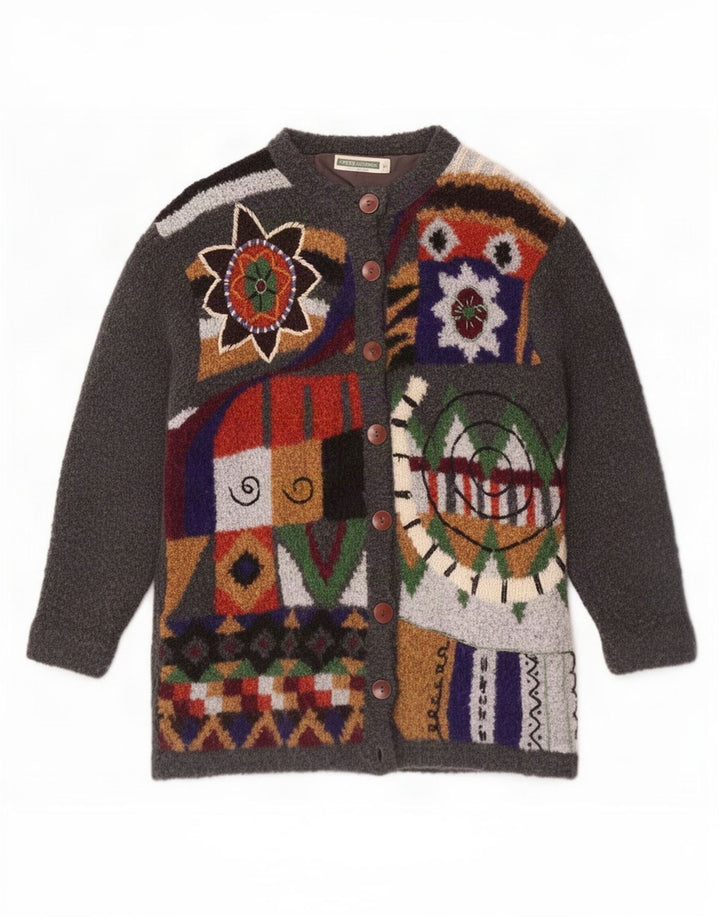 Vintage Dame Longline Cardigan Sweater UK 14 Medium Grey Patchwork