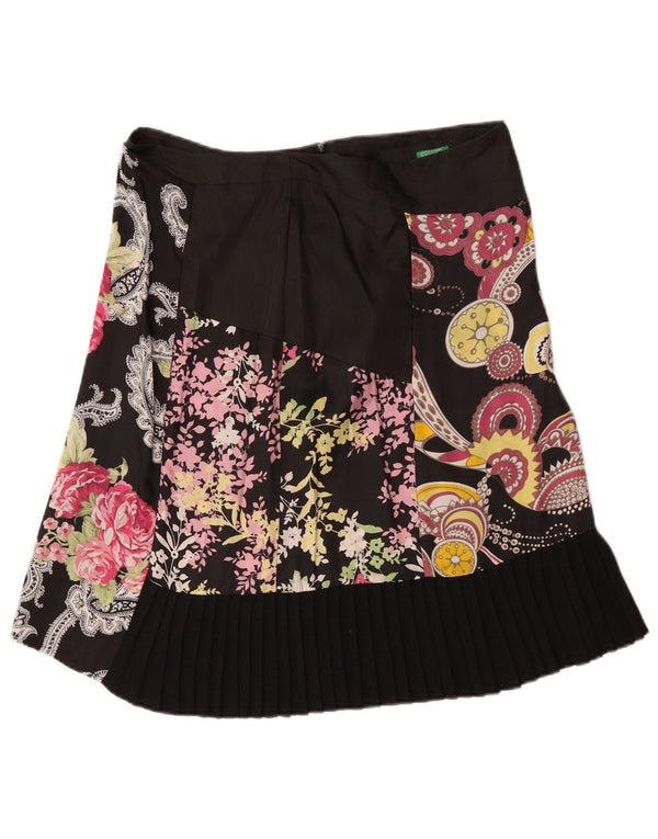 Benetton Dame A-Line Nederdel IT 46 Large W34 Sort Floral Viscose