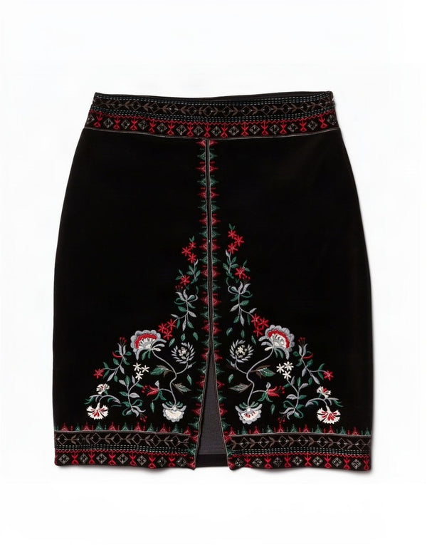 Brora Womens Velvet Pencil Skirt UK 12 Medium W32 Black Floral Bomuld