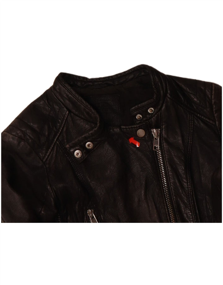 BERSHKA Womens Biker Leather Jacket UK 12 Medium Black Leather