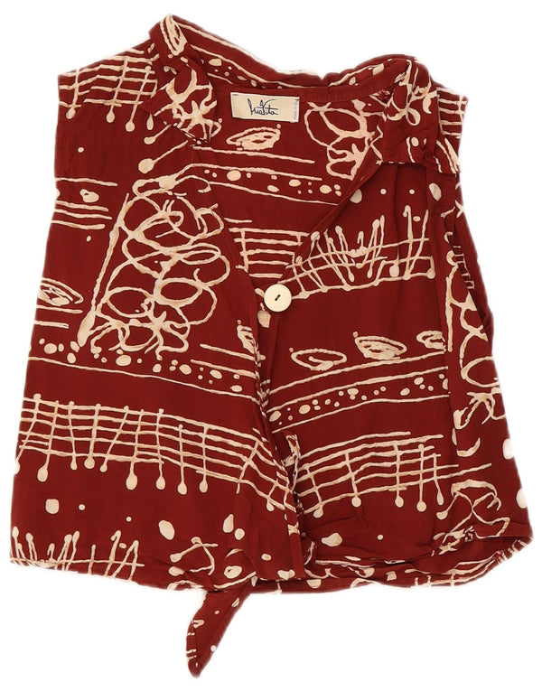 Vintage Dame Front Tie Ærmeløs Crop Top UK 8 Small Burgundy Geometric