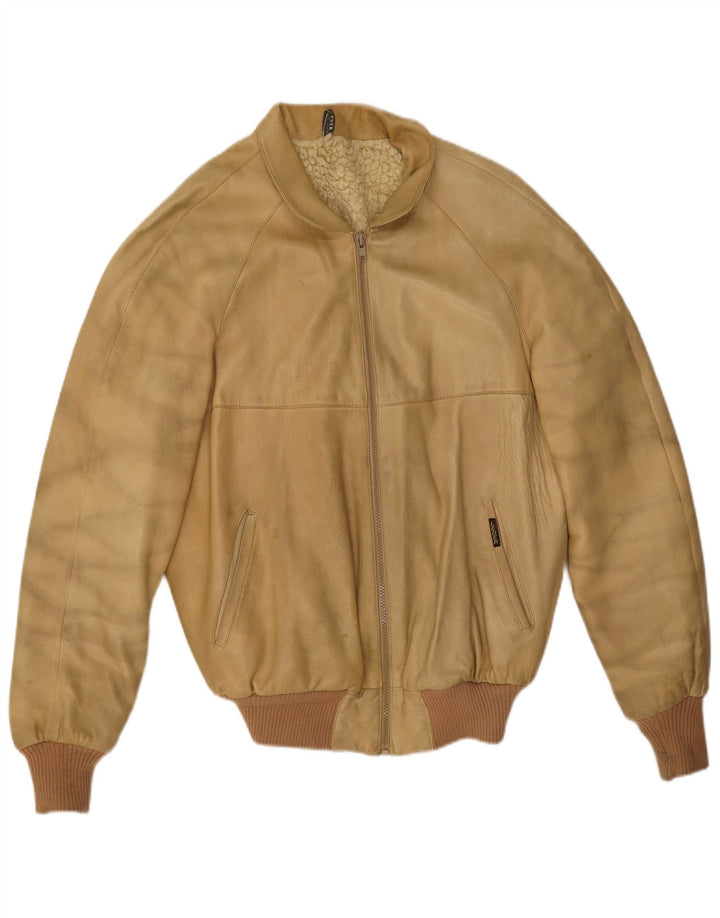 Vintage Herre Sherpa Læderjakke IT 52 XL Beige Læder