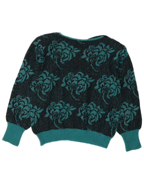 Vintage Dame Boat Neck Jumper Sweater UK 14 Medium Turkis Floral