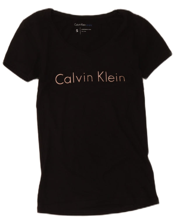 Calvin Klein Jeans Dame Grafisk T-Shirt Top UK 10 Lille Sort
