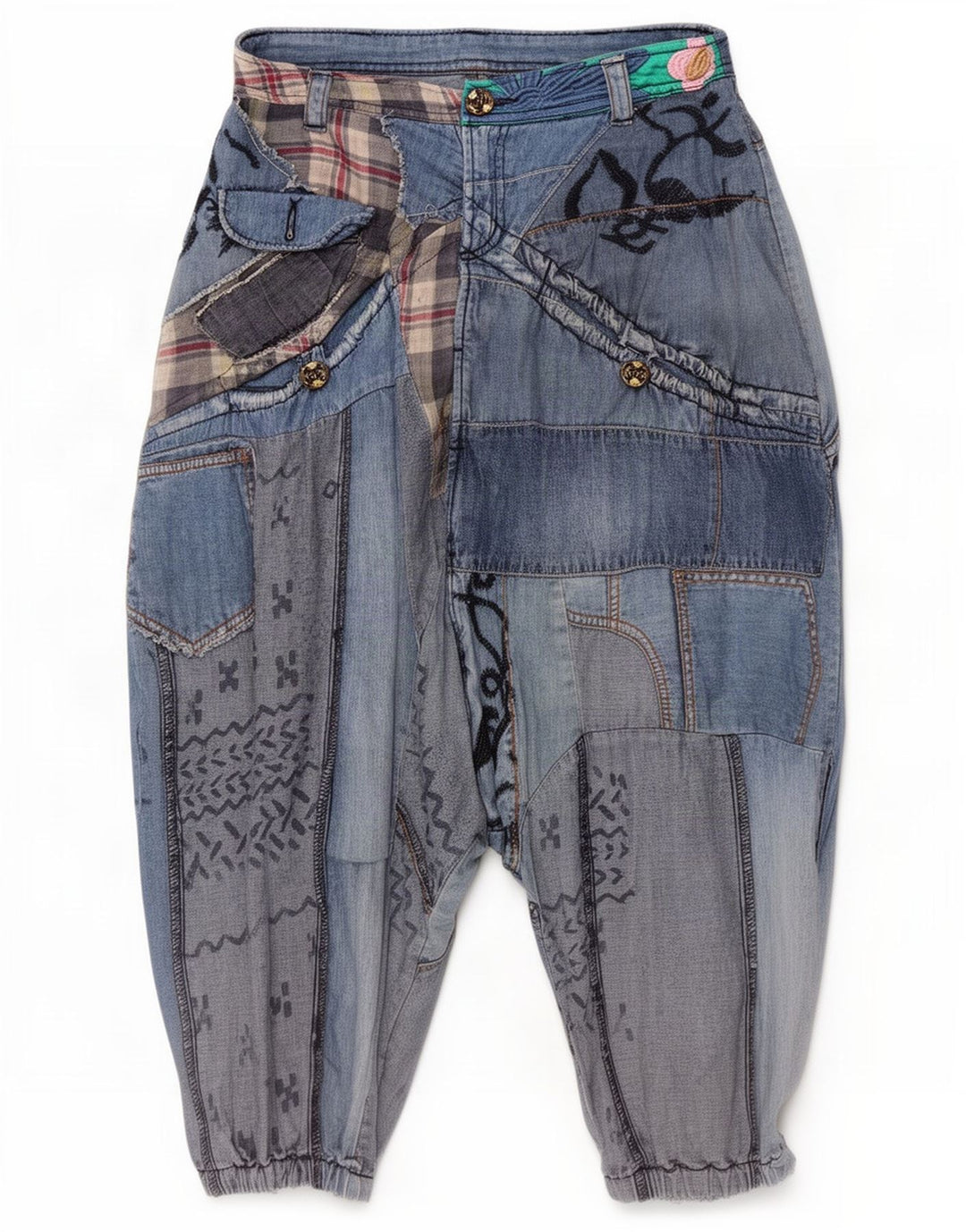Desigual Dame Harem Drop Crotch Jeans W30 L13 Blå Patchwork Bomuld
