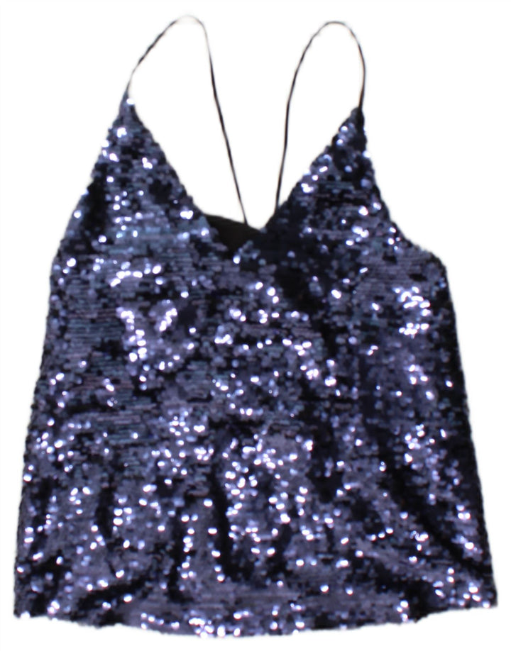 Zara Dame Paillet Cami Top UK 10 Small Blue Polyester
