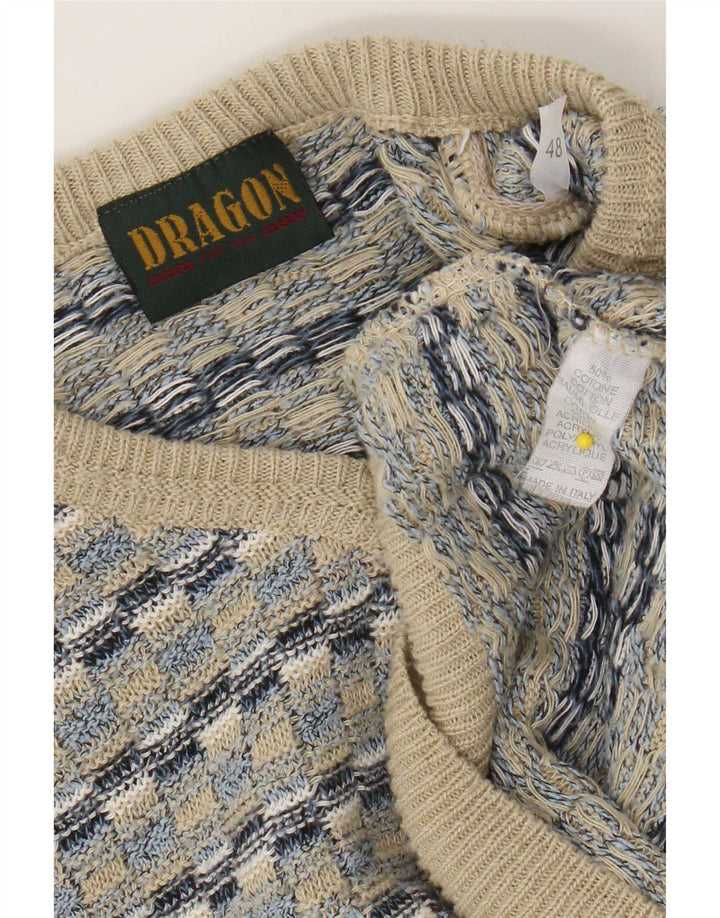 Vintage Herre V-hals sweater IT 48 Medium Beige Geometrisk Bomuld
