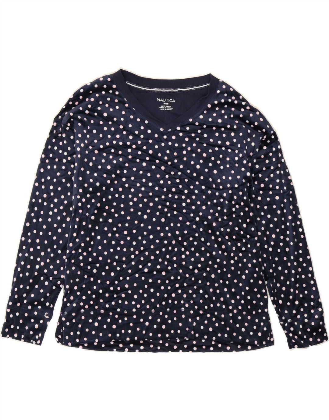 NAUTICA Womens Velour Sweatshirt Jumper UK 14 Medium Navy Blue Polka Dot Vintage Nautica and Second-Hand Nautica from Messina Hembry 