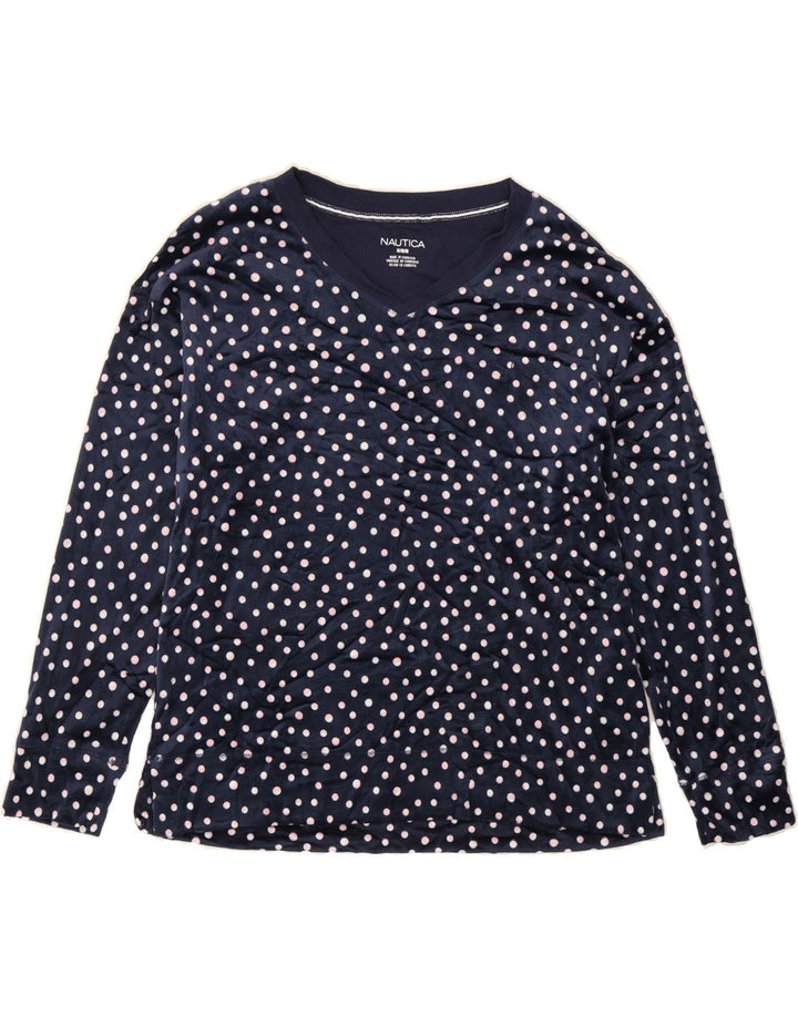 NAUTICA Womens Velour Sweatshirt Jumper UK 14 Medium Navy Blue Polka Dot Vintage Nautica and Second-Hand Nautica from Messina Hembry 